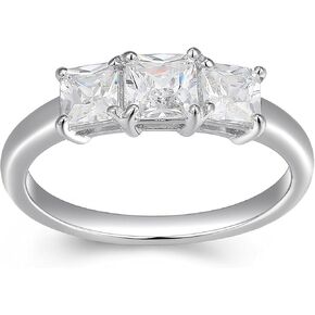 MORGAN & PAIGE Platinum Plated 925 Sterling Silver Princess-Cut Cubic Zirconia Yesterday, Today, Tomorrow 3-Stone Engagement or Anniversary Ring - Size 7