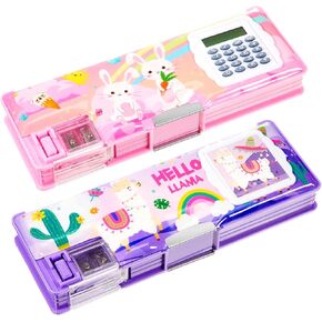 Henoyso 2 Pcs Multifunctional Pencil Box for Girls Cute Pencil Case Plastic Pencil Case with Calculator and Pencil Sharpener Pencil Pouch Gifts (Alpaca, Rabbit)