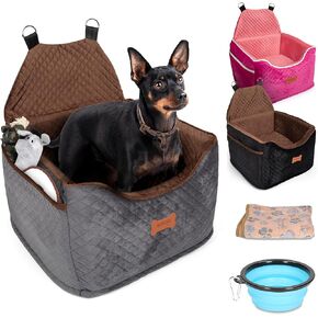 Nuvori Grey Memory Foam Dog Car Seat Medium Sized Dog with Washable, Removable Cover, Elevated Small Dog Seat for Car, Anti-Slip Sturdy Dog Car Seats for Medium Dogs, Free Dog Blanket, Free Dog Bowl