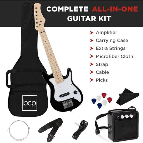 مجموعة أدوات المبتدئين للجيتار الكهربائي مقاس 30 بوصة من Best Choice Products مع مضخم صوت بقدرة 5 وات، وحزام، وحقيبة أزعج، وأوتار، وموالف إلكتروني، ولقطات - Sunburst in Kuwait