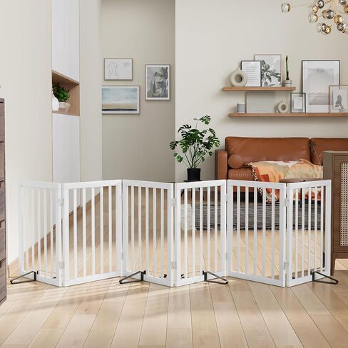 Wooden Dog Gate Freestanding Foldable 4 Panel Pet Gates Extra Wide Dog Gates for Indoor Doorways Stairs 24in Height Support Feet Included in Saudi Arabia