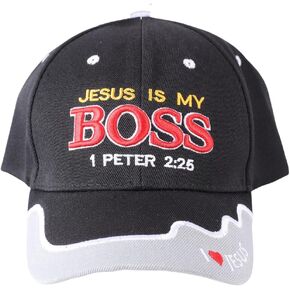 Jesus is My Boss Black Canvas Baseball Cap with Embroidery | One Size Fits All | Adjustable Hook & Loop Closure | 100% Cotton | 6 Panel hat w/ 6 Eyelets