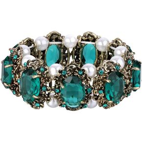 BriLove Women's Victorian Style Crystal Simulated Pearl Multi Floral Cameo Inspired Oval Stretch Bracelet