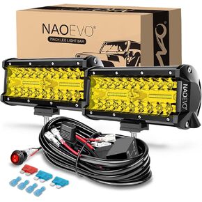 NAOEVO 7 Inch Light Bar, 240W 24,000LM Offroad Fog/Driving Lights LED Pods with 2 Leads Wiring Harness, Spot Flood Combo LED Work Lights for Truck Boat UTV ATV, 2-Pack (White/Amber/White&Amber)