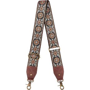 Crossbody Strap Full Grain Leather Ends Brass Metal Hardware 2" Wide Shoulder Strap Replacement for Handbags Purses Messenger Duffel Bags - Retro Vintage Jacquard Lucky Flower
