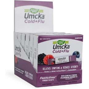 Nature's Way Umcka FastActives Cold+Flu Powder Packets, Fever††, Sore Throat, Cough, and Congestion Relief, Berry Flavored, 60 Packets