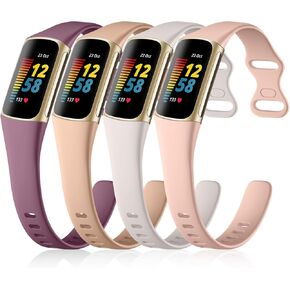 GEAK 4 عبوات رفيعة متوافقة مع Fitbit Charge 5/Charge 6 Bands النساء والرجال، سوار معصم بديل رياضي من السيليكون الناعم لـ Fitbit Charge 5/Charge 6 لتتبع اللياقة البدنية، أسود/برقوق/أزرق رمادي/أخضر صنوبر