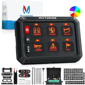 MICTUNING P1s RGB 6 Gang Switch Panel, Multifunction Toggle Momentary Strobe Pulsed Switch Pod with Backlit Off 5-Level Brightness Circuit Control Relay System Box for Truck RV Offroad Marine