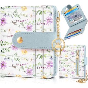 Bistup Wallet for Women Cute Bifold Small Card Wallet Rfid with Keychain for Ladies Teen Girls Female Medium Aesthetic Girly Thin Slim Flower Floral Unique Pretty Leather Credit Card Holder Purse