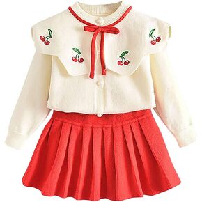 Toddler Baby Girls Autumn Winter Clothes Crochet Knitted Button up Long Sleeve Ruffle Bowknot Sweater Tops+Pleated Mini Tutu Skirt 2pcs Outfit Princess Dress up Costume for Kids Orange 2-3 Years