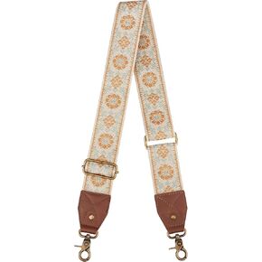 Crossbody Strap Full Grain Leather Ends Brass Metal Hardware 2" Wide Shoulder Strap Replacement for Handbags Purses Messenger Duffel Bags - Retro Vintage Jacquard Lucky Flower