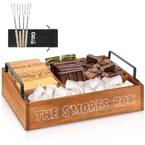 Smores Kit for Fire Pit, Smores Caddy Organizer for S'Mores Station, Farmhouse Wooden S'Mores Bar Holder with 4 Extendable Smores Sticks, Smores Tray Organizer for Party, Outdoor Camping and Bonfires