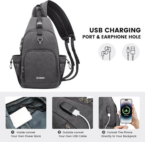 حقيبة ظهر G4Free من القماش الكتاني مع منفذ شحن USB، حقيبة صدر قابلة للتحويل، حقيبة نهارية كاجوال للسفر في الهواء الطلق وركوب الدراجات والمشي لمسافات طويلة (رمادي داكن) in Saudi Arabia