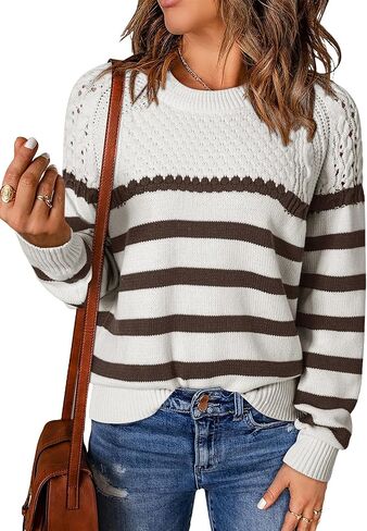 Dokotoo Womens Crewneck Long Sleeve Sweaters Fashion Striped Knitted Color Block Pullover Sweater Jumper Tops in Saudi Arabia