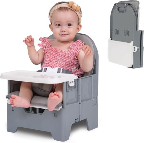 Portable Baby Booster Seat for Kitchen Chair, BABELIO Easy Folding Baby Dining Chair with Adjustable Tray, Travel Booster Baby Chair for Indoor and Outdoor, Suited for Babies Aged 6-36 Months in Saudi Arabia