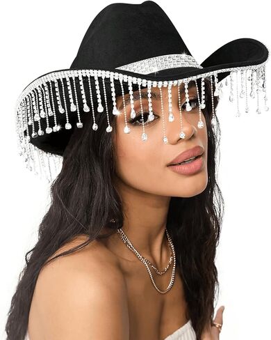 قبعة رعاة البقر باللون الأسود من حجر الراين للنساء وقبعة راعية البقر من حجر الراين ذات شراشيب لامعة وتغليف صندوق هدايا لراعية البقر ديسكو in Kuwait