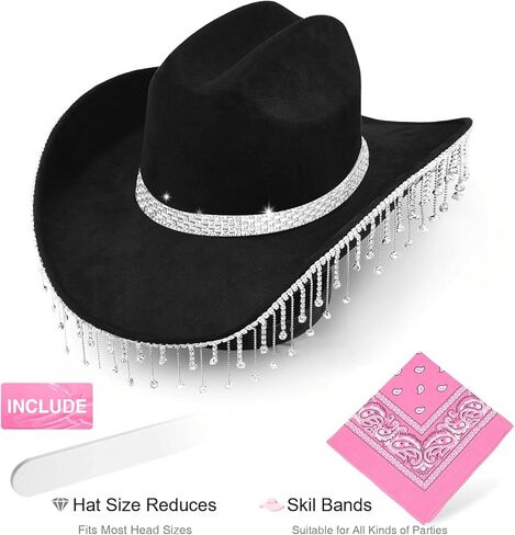 قبعة رعاة البقر باللون الأسود من حجر الراين للنساء وقبعة راعية البقر من حجر الراين ذات شراشيب لامعة وتغليف صندوق هدايا لراعية البقر ديسكو in Kuwait