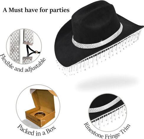 قبعة رعاة البقر باللون الأسود من حجر الراين للنساء وقبعة راعية البقر من حجر الراين ذات شراشيب لامعة وتغليف صندوق هدايا لراعية البقر ديسكو in Kuwait