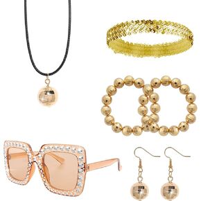 Heliltd 6pcs 1970s Disco Ball Accessories Women Set for Women 70s Disco Ball Necklace Earrings Bracelet Bling Sunglasses