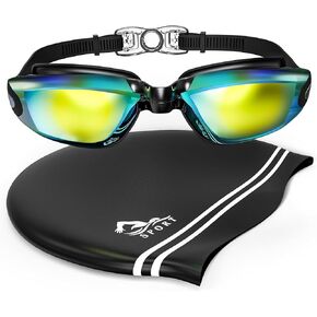 Swimming Goggles ＆ Cap Adult Set, High Stretch Silicone Swim Cap, Anti-fog Swim Goggles for Men Women