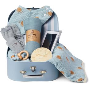 Baby Gift Set for Newborn – 8pcs Baby Shower Gifts Basket with Baby Muslin Blanket, Swaddle, Teether, Wood Birth Record, Keepsake Hand Foot Print, Giraffe Swaddle, Nemo Socks for Girls or Boys