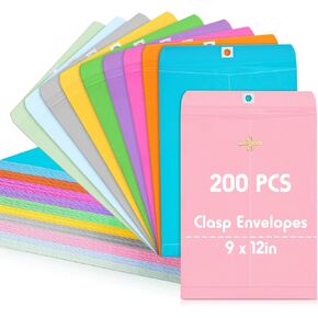 Geyee 200 Pcs 9 x 12 Inch Manilla Envelopes with Clasp Closure Large Mailing Clasp Envelopes Paper Colored Envelopes for Storing Mailing Home Business Office(Multicolor)