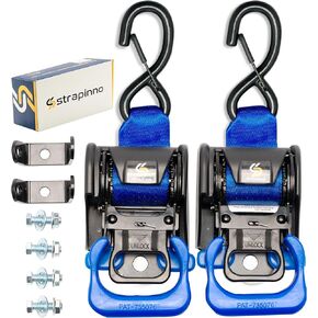 Strapinno 2PCS Stainless Steel Retractable Ratchet Straps (1 7/8 in x 4 ft) Transom Tie Downs for Boat Trailer - Extra Mounting Brackets & Bolt Set, Safety Latch S-Hook, Break Strength 1,650LB/750KG