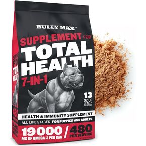 Dog Vitamins Total Health Powder by Bully Max | Puppy and Adult Dog Omega 3 Supplement | 7 in 1 Health and Immunity Powder | Performance Series Muscle Builder for All Breeds | 13 Oz Bag