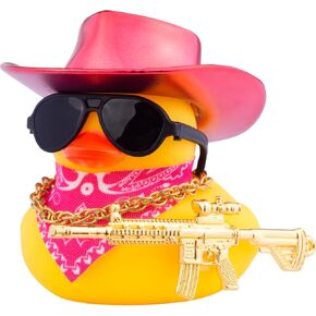 Car Rubber Duck, Yellow Duck Dashboard Decoration with Cowboy Hat Necklace Sunglasses Cool Prop for Car Dashboard Decorations (Black-Hat)