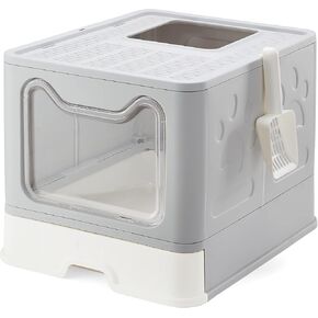 Suhaco Foldable Cat Litter Box with Lid, Large Top Entry Anti-Splashing Litter Box with Cat Litter Scoop, Enclosed Plastic Kitty Litter Box with Drawer Type Easy Clean Cat Litter Pan(Green)