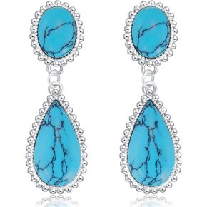 Turquoise Hoop Earring, S925 Sterling Silver Teardrop Turquoise Blue Gem Stone Earrings Jewelry Gifts for Women Girls