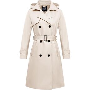 Garemcy Women's Long Waterproof Trench Coat Double Breasted Classic Lapel Coat Belted Slim Fit Coat with Detachable Hood