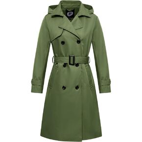 Garemcy Women's Long Waterproof Trench Coat Double Breasted Classic Lapel Coat Belted Coat with Detachable Hood Green XXX-Large in Kuwait