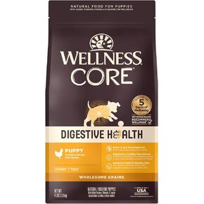 Wellness CORE Digestive Health Dry Puppy Food with Wholesome Grains, Highly Digestible, for Dogs with Sensitive Stomachs, Made in USA with Real Chicken (Puppy Under 1 Year, 4-Pound Bag)