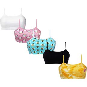 DChica Girls Cotton Beginner Bras | Double Front Layer Adjustable Straps Training Bra for Teenagers | Printed and Solid Crop Cami Bralette - Pack of 5, XX-Small Size