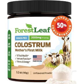 ForestLeaf 50% IgG Highest Concentration Bovine Colostrum Powder - Grass Fed Colostrum Supplement - Gut and Immune Health - Fitness and Energy - Bovine Colostrum for Humans (Unflavored, 45 Servings)