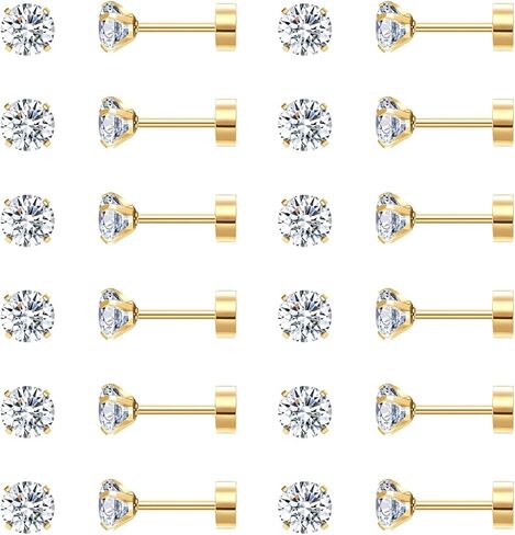 Ringcal 6 أزواج من أقراط الفولاذ المقاوم للصدأ مجموعة هيبوالرجينيك مكعب زركونيا 14K الذهب الأبيض تشيكوسلوفاكيا أقراط للنساء in Saudi Arabia