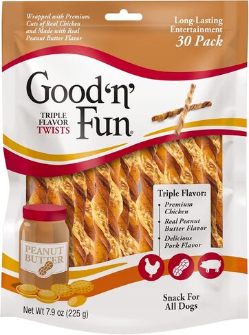 حلوى Good 'n' Fun ثلاثية النكهة، مضغ من الجلد الخام لجميع الكلاب، 90 قطعة (3 عبوات من 30 قطعة) in Kuwait
