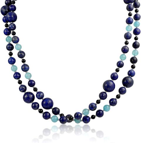 Bling Jewelry Long Wrap Around Layer Blue Shades Aqua Quartz Blue Lapis Black Onyx Gemstone Ball Bead Strand Necklace For Women 40 Inch in Kuwait