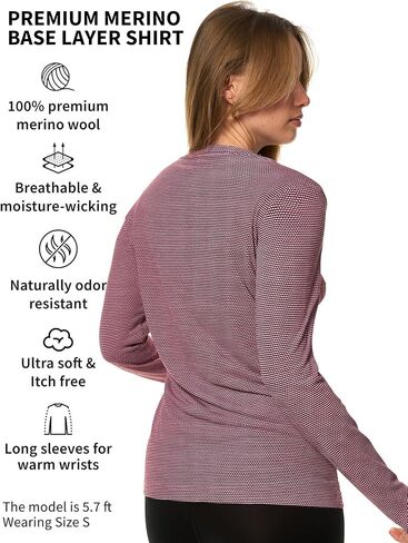 Merino Wool Base Layer Women - 100% Merino Wool Shirt Women Thermal Underwear Long Sleeve T-Shirt for Hiking (Medium, 170 Raspberry Weaved) in Kuwait