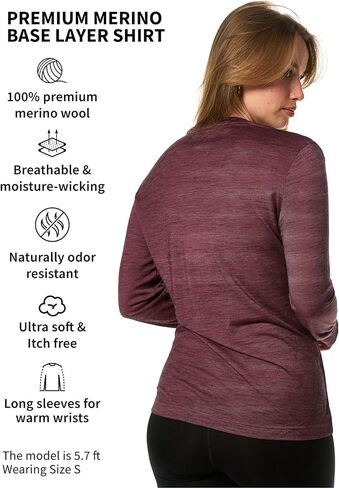 Merino Wool Base Layer Women - 100% Merino Wool Shirt Women Thermal Underwear Long Sleeve T-Shirt for Hiking (Medium, 170 Raspberry Weaved) in Kuwait