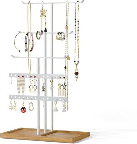 bussdis Jewelry Holder Stand Organizer: 3-tier Tree for Necklaces Earrings Rings Bracelets - Natural Wood Tray - Jewelry Hanger for Dispaly Decor and Storage - Black in Kuwait