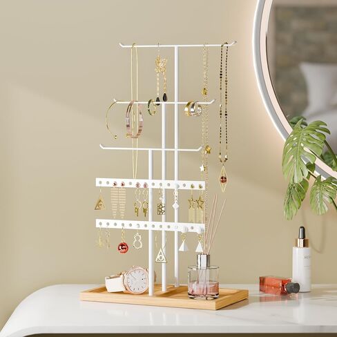 bussdis Jewelry Holder Stand Organizer: 3-tier Tree for Necklaces Earrings Rings Bracelets - Natural Wood Tray - Jewelry Hanger for Dispaly Decor and Storage - Black in Kuwait