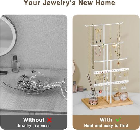 bussdis Jewelry Holder Stand Organizer: 3-tier Tree for Necklaces Earrings Rings Bracelets - Natural Wood Tray - Jewelry Hanger for Dispaly Decor and Storage - Black in Kuwait
