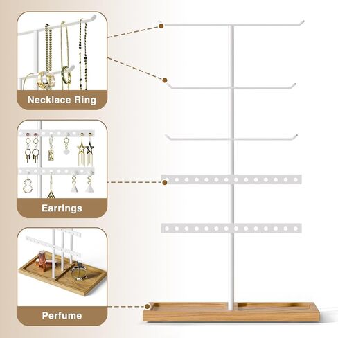bussdis Jewelry Holder Stand Organizer: 3-tier Tree for Necklaces Earrings Rings Bracelets - Natural Wood Tray - Jewelry Hanger for Dispaly Decor and Storage - Black in Kuwait