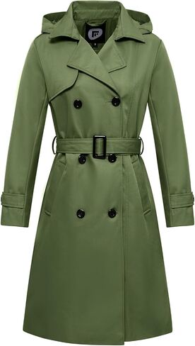 Garemcy Women's Long Waterproof Trench Coat Double Breasted Classic Lapel Coat Belted Coat with Detachable Hood Green XXX-Large in Kuwait