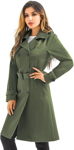 Garemcy Women's Long Waterproof Trench Coat Double Breasted Classic Lapel Coat Belted Coat with Detachable Hood Green XXX-Large in Kuwait