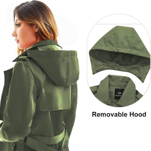 Garemcy Women's Long Waterproof Trench Coat Double Breasted Classic Lapel Coat Belted Coat with Detachable Hood Green XXX-Large in Kuwait