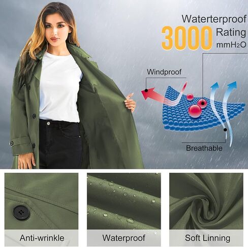 Garemcy Women's Long Waterproof Trench Coat Double Breasted Classic Lapel Coat Belted Coat with Detachable Hood Green XXX-Large in Kuwait