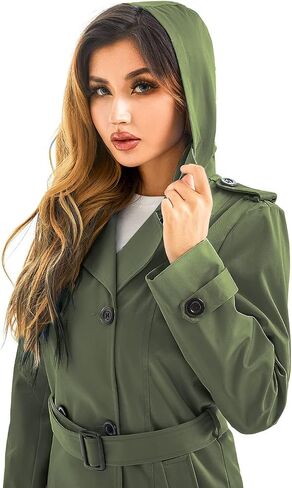 Garemcy Women's Long Waterproof Trench Coat Double Breasted Classic Lapel Coat Belted Coat with Detachable Hood Green XXX-Large in Kuwait